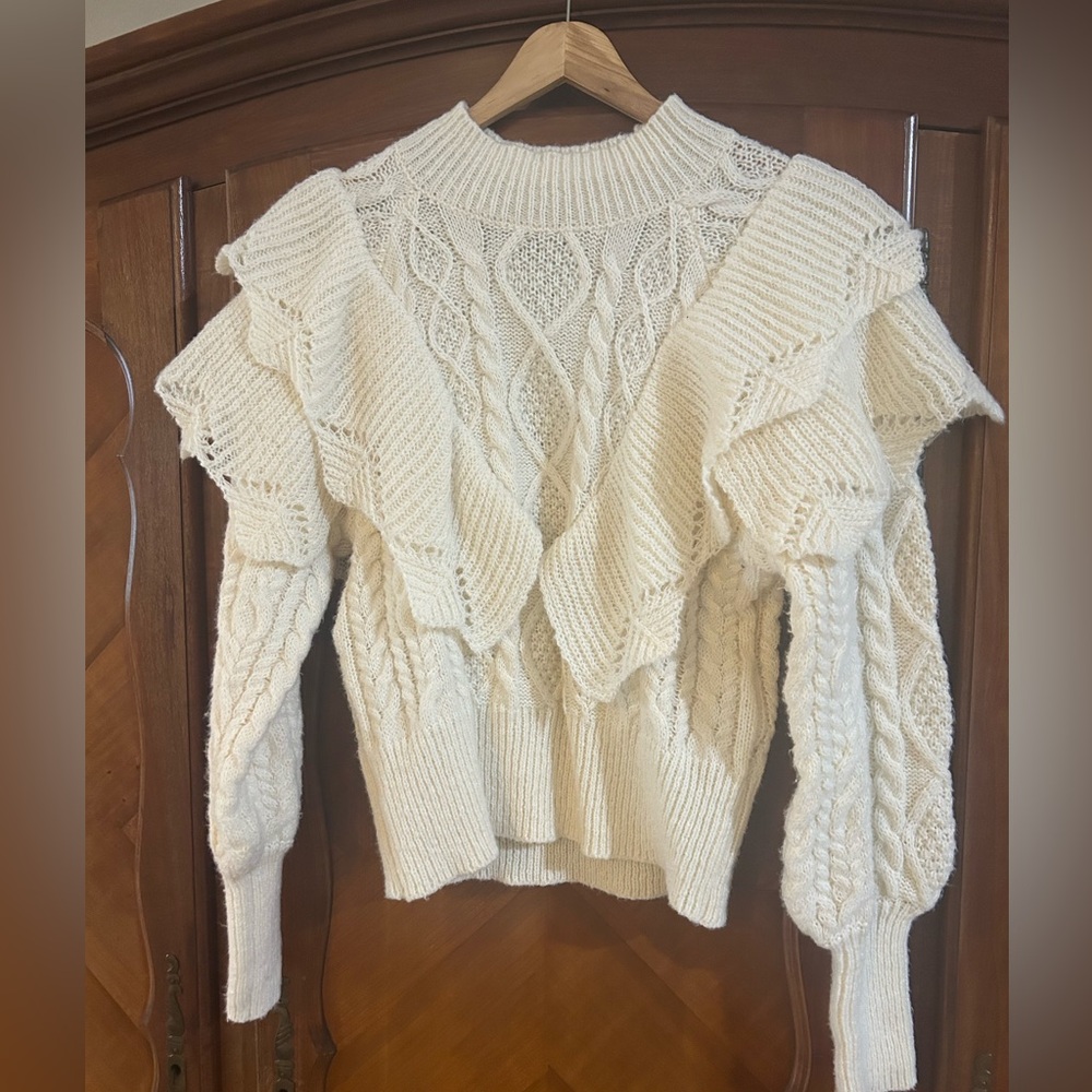 Entro Cream Cable Knit Turtleneck Ruffle Sweater size Small #905 - Picture 2 of 5